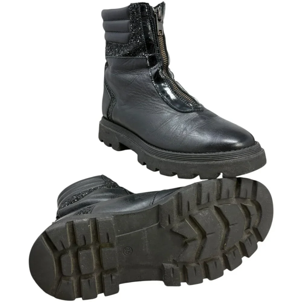 MANUELA Black‎ Leather Front Zip Big Girl Ankle Booties